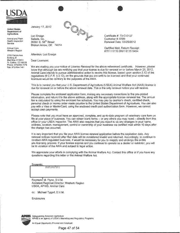 USDA letter Jan 17, 2012 [jpeg] to Lori Ensign-Scroggins informing her she is unfit to be licensed